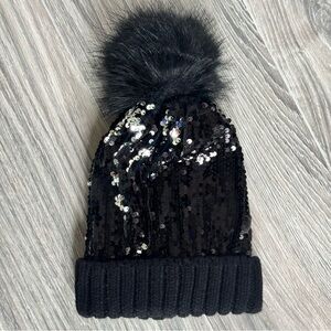 Sequin Black/Silver Pom-Pom Beanie